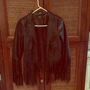 Fringe detail cropped faux leather jacket